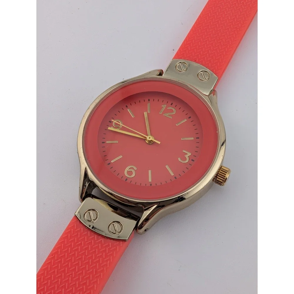 MSPCI Watch Women 36mm Gold Case Coral Silicone Band- New‎ Battery
